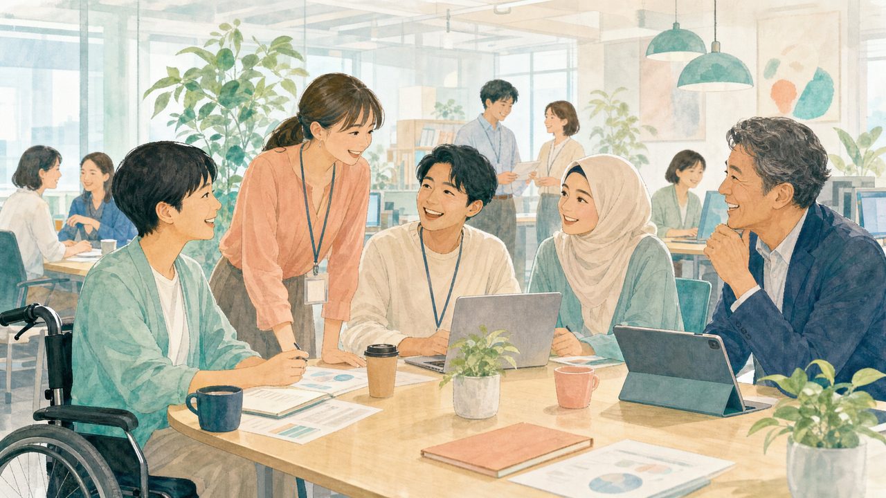 障がい者・外国人・シングルマザーなど多様な人々が共に働く職場のイラスト